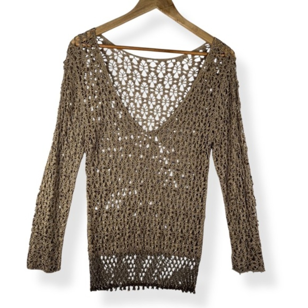 Gold Womens Open Knit Crochet Top Size Medium Glam Fairy Festival Sheer Beaded